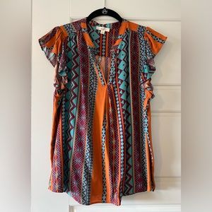 Easel Orange/Turquoise/Maroon Top Size L